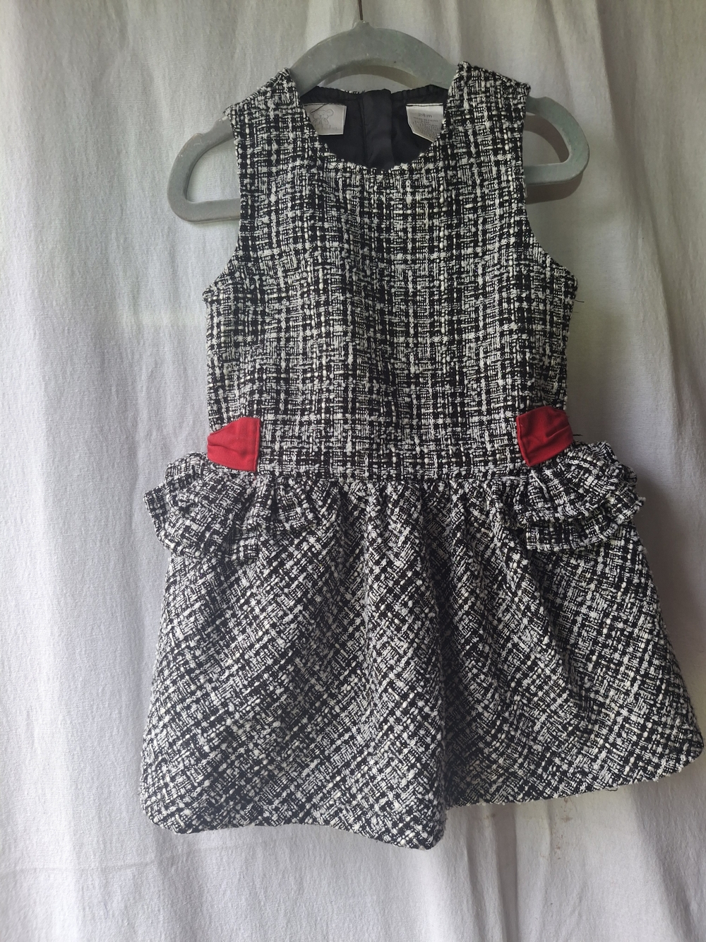 Girls Black & White Tweed Holiday Dress with Red Accent